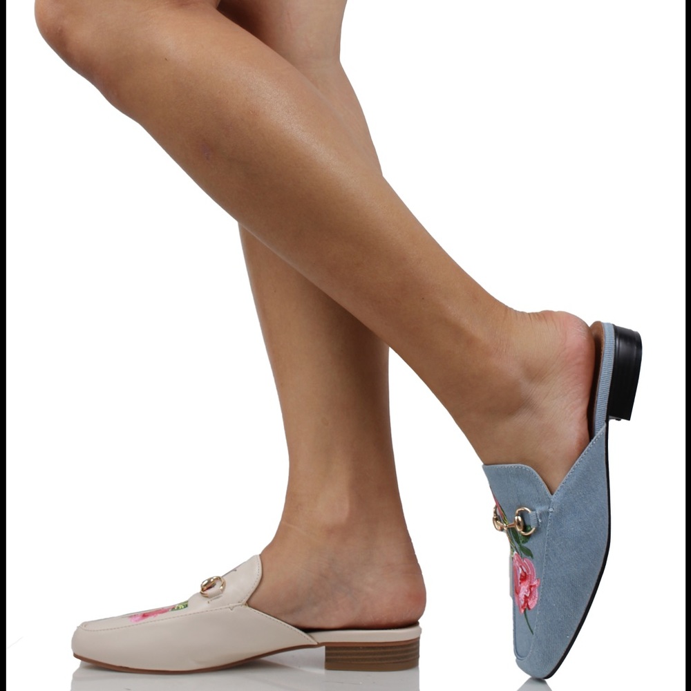 Nude Floral Embroidered Slip on Mules - Picture 6 of 6